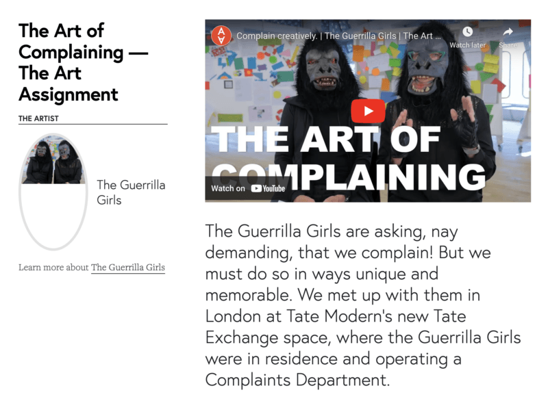 "The Art of Complaining" art assignment instructions.